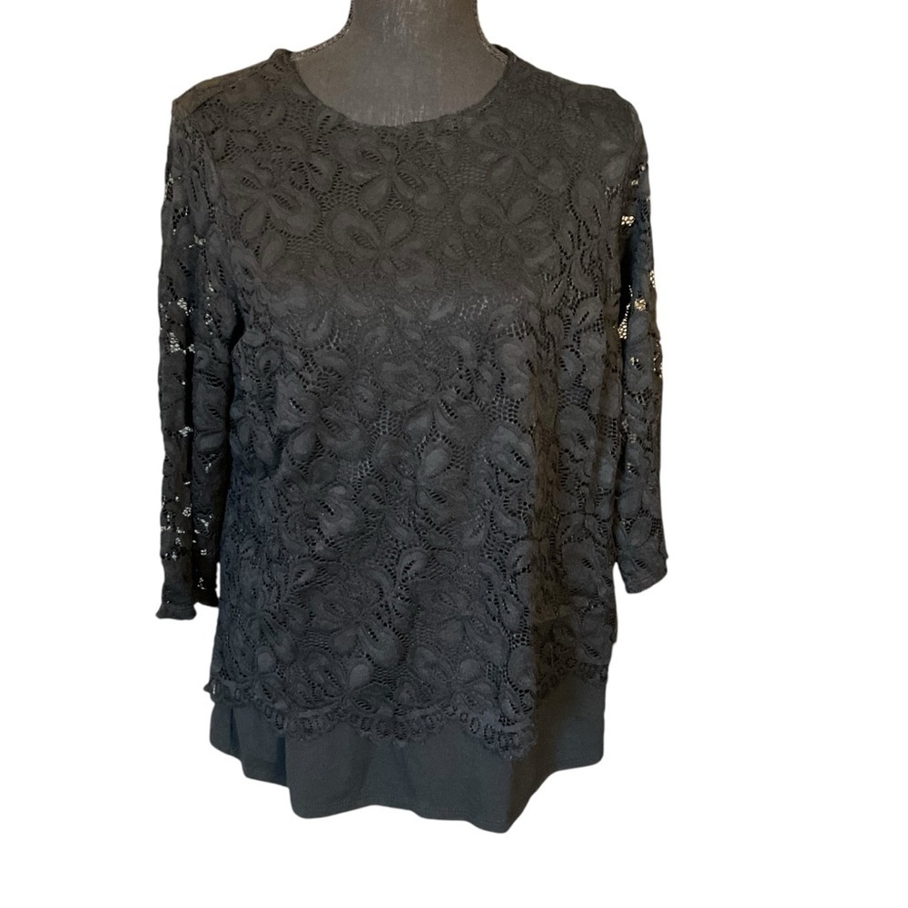 J Jill Wearever Black Floral Lace Overlay Quarter Sleeve